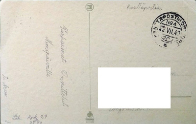 KENTTÄPOSTIKONTTORI N:O 4 nimipäiväkortti 22.7.1940