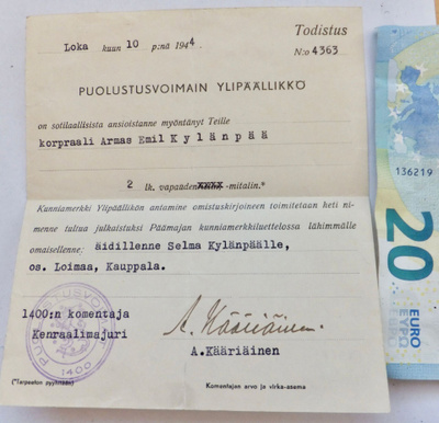 Todistus Vapaudenmitali 2lk Kenraali Kääriäinen Nimmari 1944