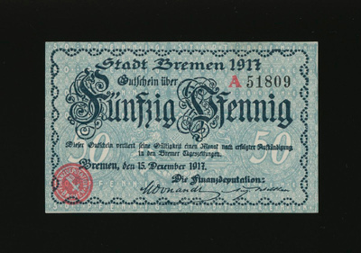 Saksa Notgeld 50 Pfennig, Bremen 15.12.1917