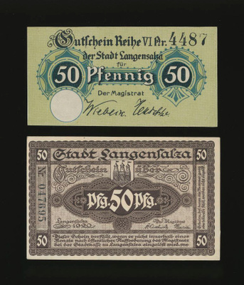 Saksa Notgeld 2 x 50 Pfg, Langensalza