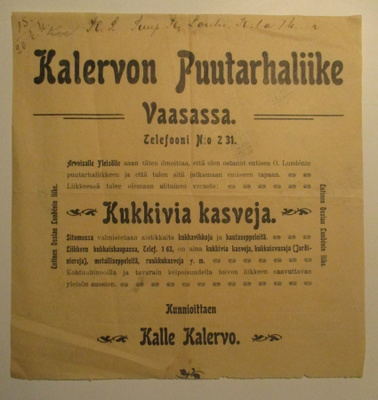 KALLE KALERVON PUUTARHALIIKE VAASASSA ENT. LUNDENIN (K12-97)