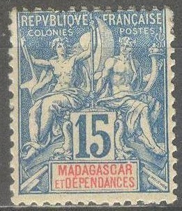 (SA0756) MADAGASCAR, 1896 ("Tablet"-type, 15c.) Mi # 33. MH*