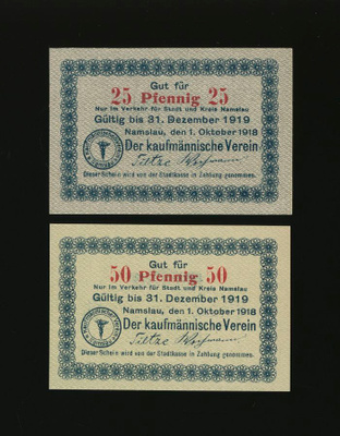 Saksa Notgeld 25, 50 Pfennig, Namslau 1.10.1918