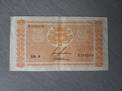 5 markkaa, mk 1945 Litt. A E2990468 kl. 6-7