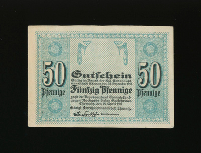 Saksa Notgeld 50 Pfennig, Chemnitz 19.4.1917 VF