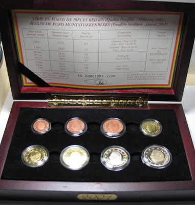 2001 BELGIA 1c - 2 euro PROOF sarja laatikossa