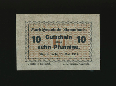 Saksa Notgeld 10 Pfennig, Stammbach 15.5.1917