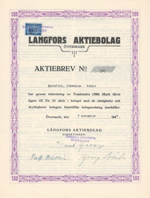 OKK 1944 Långfors Ab, Ylimarkku Övermark saha osakekirja