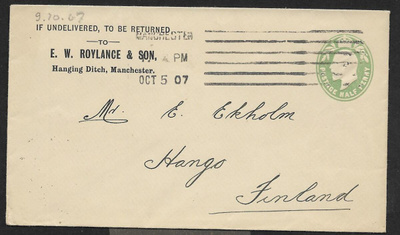Englanti - Ehiö Suomeen 1907 Postilj.v. H.-K.