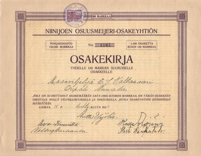 OKK 1934 Niinijoen Osuusmeijeri Oy, Loimaa osakekirja