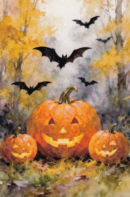 Halloween kolme kurpitsaa ja lepakot