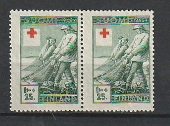 1946 PunaisenRistin 1mk+25p merkkipari ristien siirtymällä**