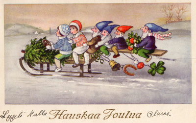 Vanha joulukortti-lasten ja tonttujen rekiretki
