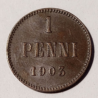 * 1 penniä *1903*iso 3/big 3 * Copper/Kupari *1+/EF