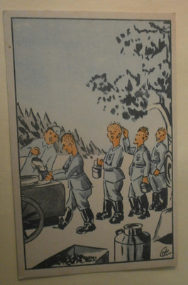 Sotilaat jonottavat kenttäkeittiölle, piirrospk (KEK), ei p.