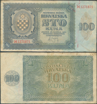 Kroatia 100 Kuna 1941 (P-2) WW2 XF+ Saksassa painettu