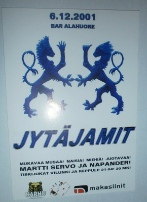 6.12.2001 Bar Alahuone, Jytäjamit, mainoskortti