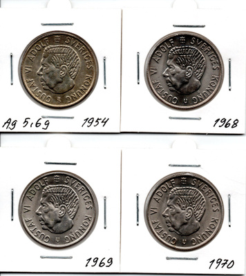 Ruotsi 2 kruunua 1954Ag, 1968, 1969, 1970