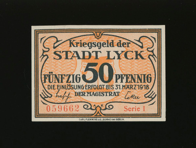 Saksa Notgeld 50 Pfennig, Lyck 31.3.1918 Serie 1