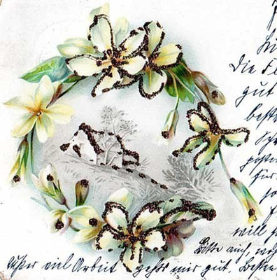 HARVINAISUUS!! / Valkeat kukat ja talo kunnaalla. 1900-l.