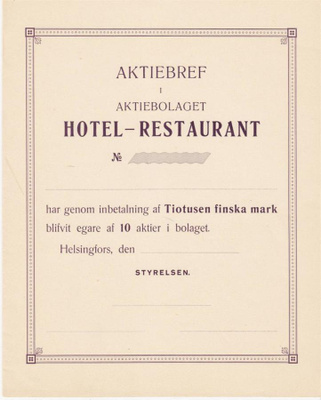 OKK 1920 Hotel-Restaurant Ab (Kämp) bla, Helsinki osakekirja