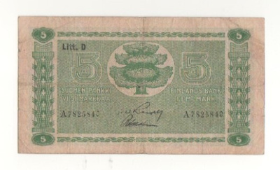 5 markkaa 1939 Litt. D, sarja A, RAN-Wah