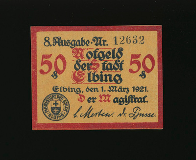 Saksa Notgeld 50 Pfennig, Elbing 1921