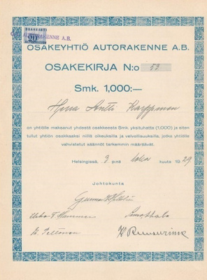 OKK 1929 Autorakenne Oy, Helsinki osakekirja