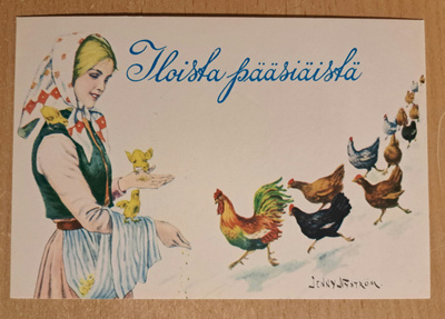 Jenny Nyström: UP pk, nainen syöttää kanoja 1981,kulkematon