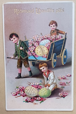 Lapset työntävät Pääsiäismunakärryjä ja kukkia, Eesti 1926