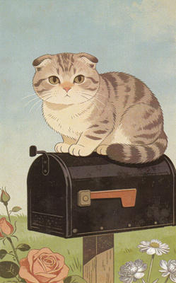 Harmaa kissa mustan postilaatikon päällä