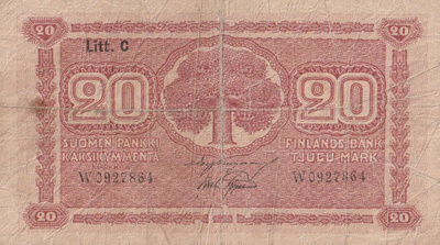 20 markkaa 1922 Litt. C sarja W, BUR-AAs