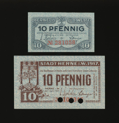 Saksa Notgeld 2 x 10 Pfennig, Herne 1917-19