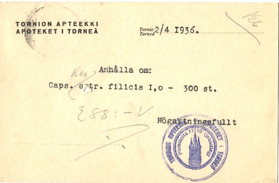 FIRMAK. TORNIO APTEEKKI PERUSTETTU 1786 LEIMA