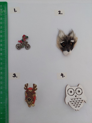 rintakoru nro 325 - 328 : papukaija, susi, poro, pöllö koru