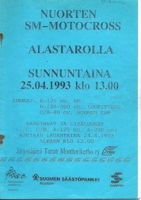 Nuorten SM-motocross Alastarolla 1993 ohjelmalehtinen
