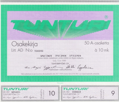OKK 1988 Tunturipyörä Oy spec, Turku pörssi osakekirja