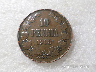 10 penniä 1908 kulkematon tasaisesti hieman patinoitunut