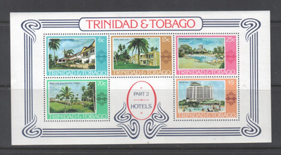 Trinidat ja Tobago hotelleja pienoisarkki postituoreena.