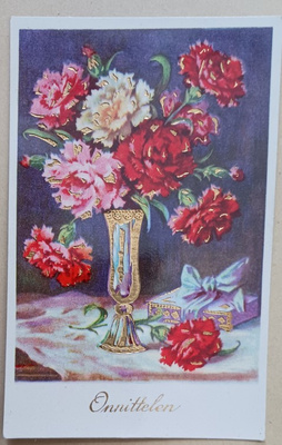 Auenneita neilikoita maljakossa, lahja, onnittelupk, p. 1956