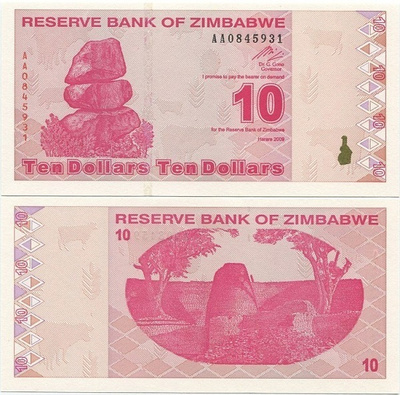 Zimbabwe 10 Dollars v.2009 (P-94) UNC AA-sarjaa