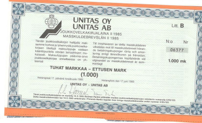 OKK obligaatio Unitas Oy jvk-laina II 1985 17.6.1985