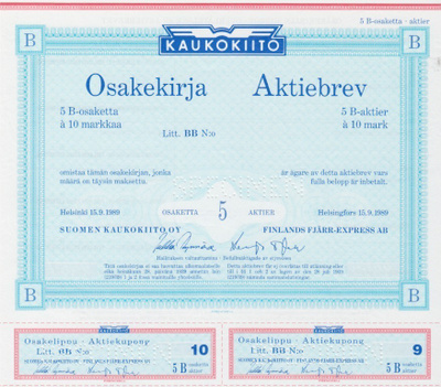 OKK 1989 Suomen Kaukokiito Oy spec, Helsinki osakekirja