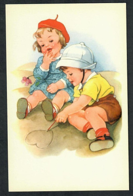 Lapsi - Lapset hiekkarannalla - Kortti 1940-50-luvulta