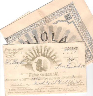 Palovakuutus-yhtiö Pohjola vakuutuskirja 1910 Hämeenlinna