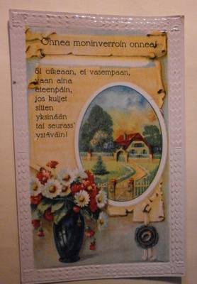 Kukkia, mökki, koristeita, runo, vanha onnittelupk, p. 1936