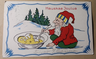 Iäkäs tonttu puurovadin vierellä, p. 1931