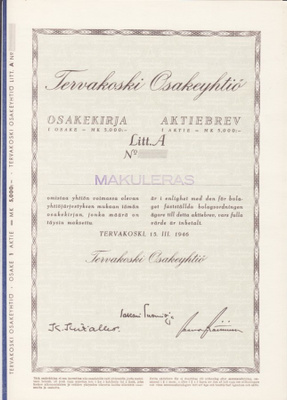 OKK 1946 Tervakoski Oy bla, osakekirja