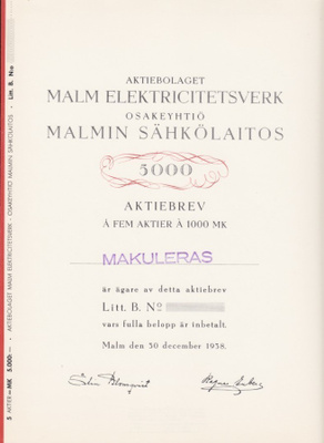 OKK 1938 Malmin Sähkölaitos Oy bla, Malmi osakekirja
