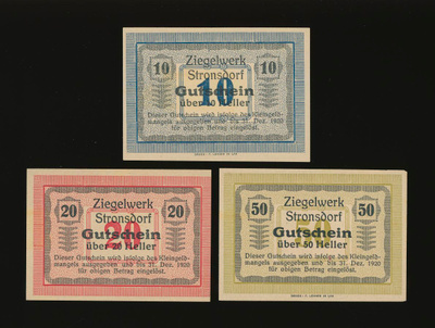 Itävalta Notgeld 10, 20, 50 Heller, Stronsdorf 1920
